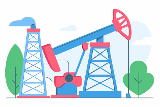Oil pumpjack idling near trees in flat industrial landscape