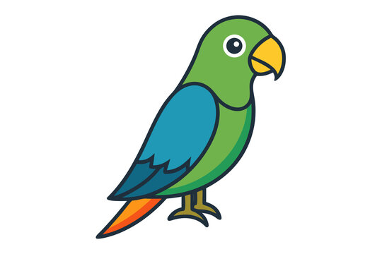 Green parrot standing in simple cartoon outline on white