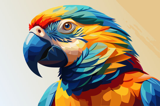 Vibrant parrot headshot with layered colorful feathers