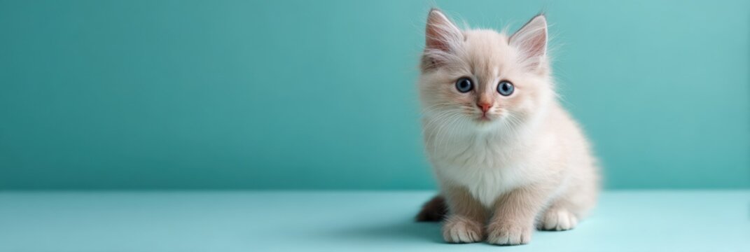 Cream kitten sitting on turquoise background blue eyed cream kitten with soft fur and attentive gaze