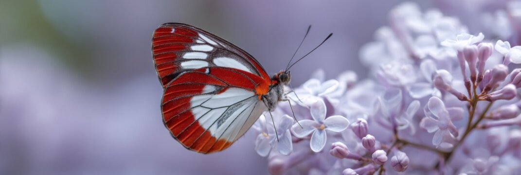 Red white glasswing butterfly on lilac cluster wide panorama soft lavender floral background macro graceful pose