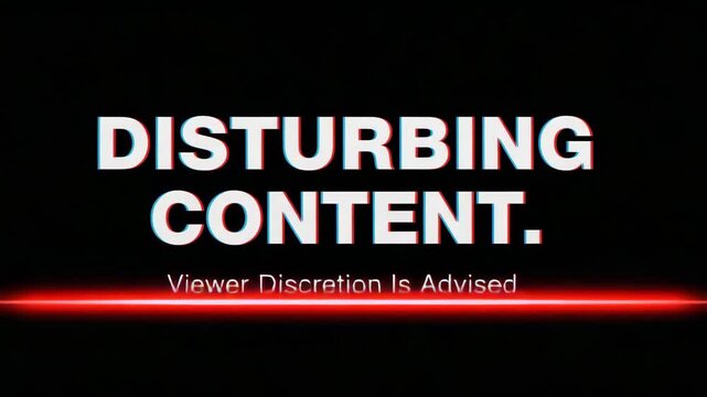 Modern bold white disturbing content warning on dark background with red light glow effect