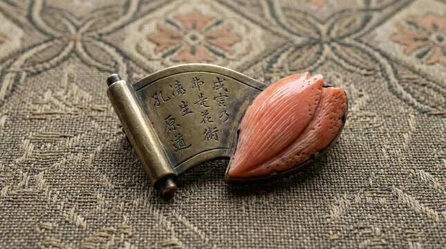 Antique Kanji Scroll Brooch with Textured Coral Detail