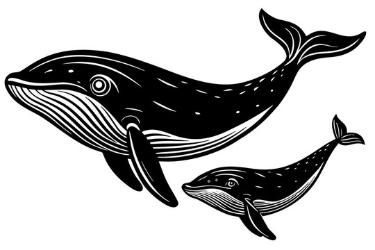 Pair of black whales swimming on white paper background