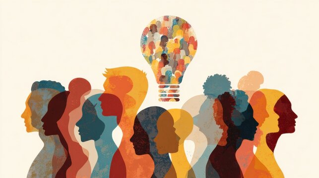 Diverse group of people forming a light bulb representing ideas