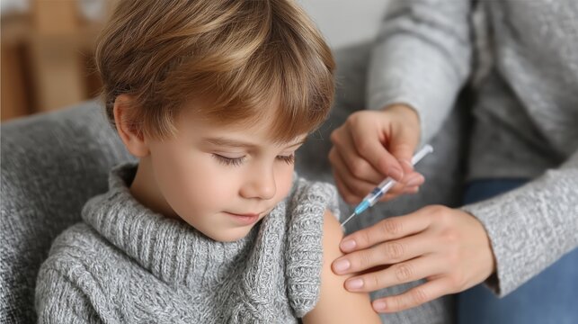 Young Caucasian boy receiving a vaccine injection. Healthcare scene highlighting immunization, safety, and preventive care for children.
