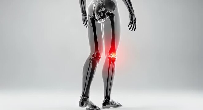 Medical illustration of human skeletal structure highlighting knee injury