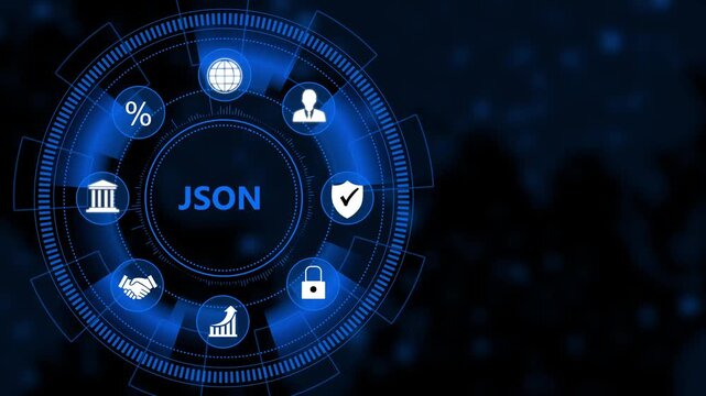 Json data format concept with digital hud interface and business on dark blue background programming
