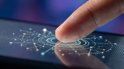 Naklejka premium A finger interacts with futuristic technology on a screen displaying connections.