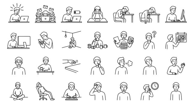 Set of human activities and emotions in outline suitable for various uses