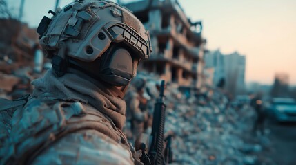Obraz premium Soldier holding rifle in a ruined city war zone. разрушed buildings, debris, and smoke create a tense, dramatic atmosphere of conflict, survival, and urban warfare.
