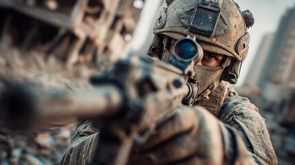 Obraz premium Soldier holding rifle in a ruined city war zone. разрушed buildings, debris, and smoke create a tense, dramatic atmosphere of conflict, survival, and urban warfare.