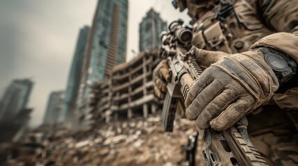 Obraz premium Soldier holding rifle in a ruined city war zone. разрушed buildings, debris, and smoke create a tense, dramatic atmosphere of conflict, survival, and urban warfare.