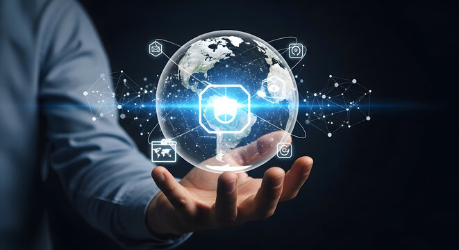 Businessman holding glowing earth with digital network connections