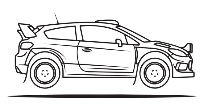 Line art drawing of a rally racing car side view with automotive industry