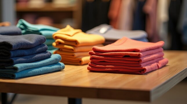 Montones de ropa doblada ordenados por tama&ntilde;o y color sobre la mesa de una tienda