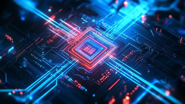 Abstract digital circuit board design with blue and red neon lighting