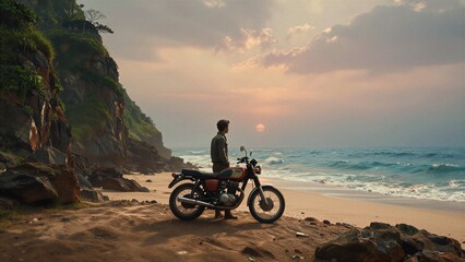 Fototapeta premium Man with Classic Motorcycle on Beach at Sunset Overlooking Ocean Waves
