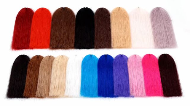 Rows of colorful straight hair swatches, isolated on white background