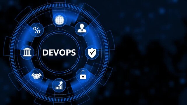 Dev ops software development concept with animated hud interface and digital for business technology and cloud computing solutions