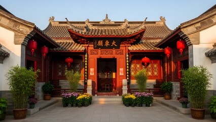 Fototapeta premium Traditional Chinese temple entrance in Beijing showcasing ancient oriental architecture and a red pagoda roof under a clear Asian sky