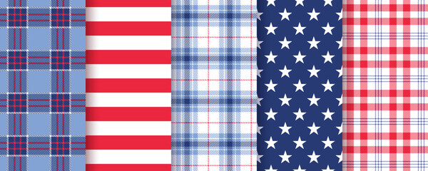 Fototapeta premium 4th July seamless backgrounds. American patriotic pattern. Blue red texture. Happy independence prints with stars, stripes, plaid. Set checkered backdrops. USA flag wrapping paper. Vector illustration