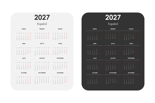 Two 2027 calendars side-by-side, one in spanish on a white rounded rectangle and the other on a dark gray rounded rectangle