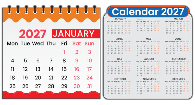 Two distinct calendar layouts for the year 2027 displayed side-by-side on a white background one featuring january with a decorative orange wavy border and the other a full year calendar with a
