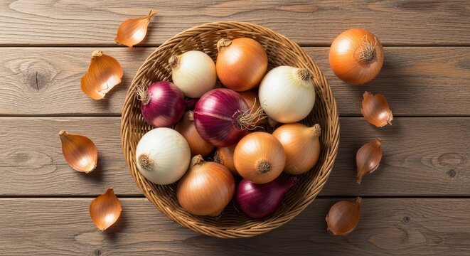 A wicker basket filled with various colorful onions on a wooden table onions in basket colorful onio