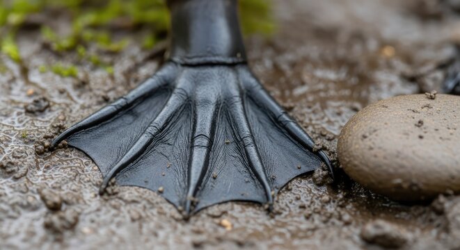 Close-up of a webbed foot pressed into muddy ground, alongside a smooth, rounded stone. Detail shows the dark, leathery texture and arrangement of digits