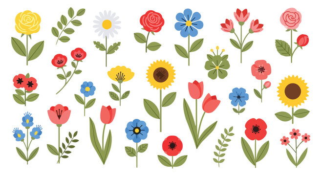Set of Colorful Hand Drawn Spring and Summer Flowers Collection