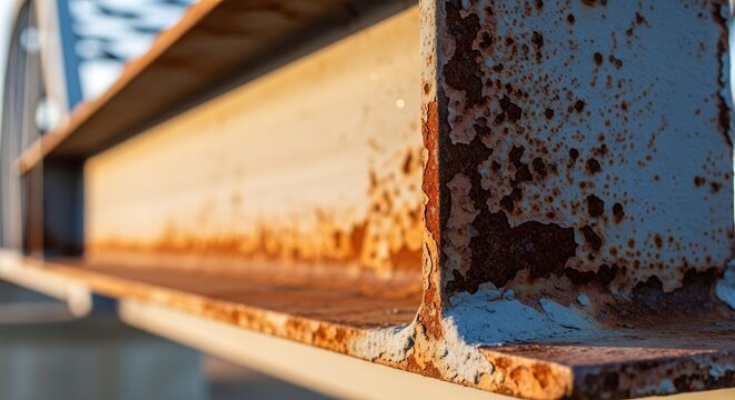 Close-up of a weathered, rusted metal beam from a bridge or similar structure. The rust texture contrasts against a clean sky and blurred background, highlighting age and decay