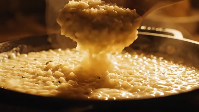 Close-up shot of risotto being stirred with a wooden spoon