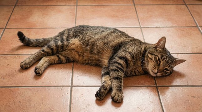 Tabby cat lying relaxed on orange tile floor, eyes half closed, indoors, pet resting, tranquil, comfort, home.