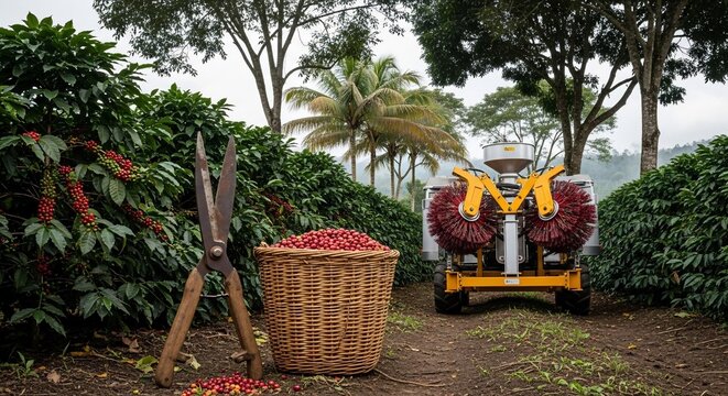 A coffee plantation showcasing both traditional hand-picking methods with a basket of ripe cherries and a modern mechanical harvester.