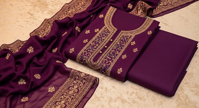 Elegant purple Indian ethnic suit with intricate gold embroidery and a matching dupatta, showcasing traditional craftsmanship and luxurious design on a textured surface.