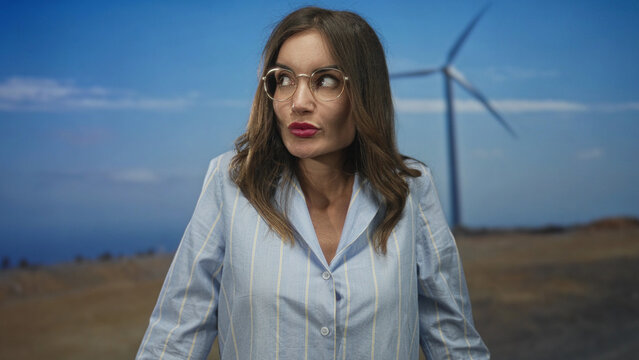 Woman wearing light blue striped blouse and round glasses glancing at a windmill in a studio with a subtle pout; curiosity.