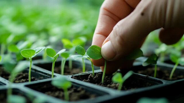 Gentle hand tending to delicate green seedlings in a tray