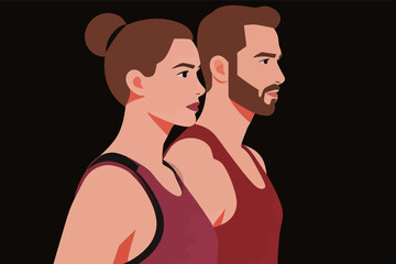 Obraz premium Couple standing side by side in workout gear, ready for a fitness challenge in a dark setting