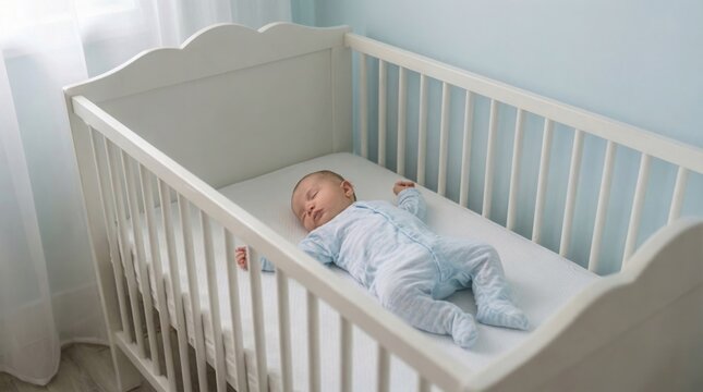 Baby sleeping peacefully in white crib, soft light, cozy nursery, quiet home environment, calm, rest, infant, comfort, indoors.