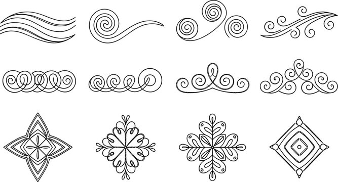 Decorative Swirl and Geometric Ornament Collection Featuring Elegant Flourish Elements, Vintage Line Patterns, and Symmetrical Design Motifs in Black Vector Style