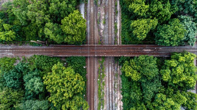 Aerial view of parallel train tracks cutting through lush green forest