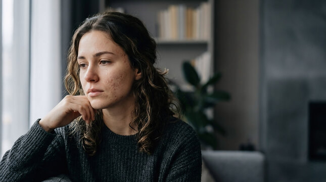 Young woman with acne and tears looking away at home, emotional stress and mental health concept with copy space