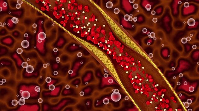 Animation showing blood flow through constricted artery with red blood cells and plasma
