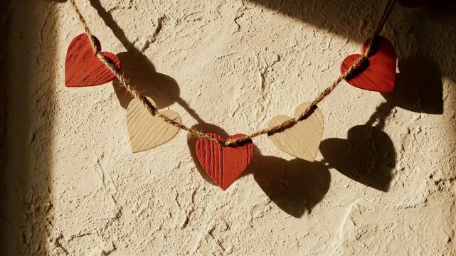 Heart-shaped decorations strung together casting shadows on a textured wall