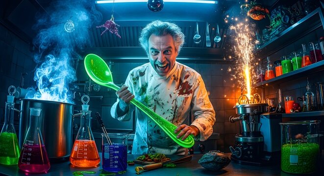 Mad scientist chef with glowing spoon unleashes chaotic experiments in his vibrant lab amidst bubbling potions, sparks, and electrifying reactions