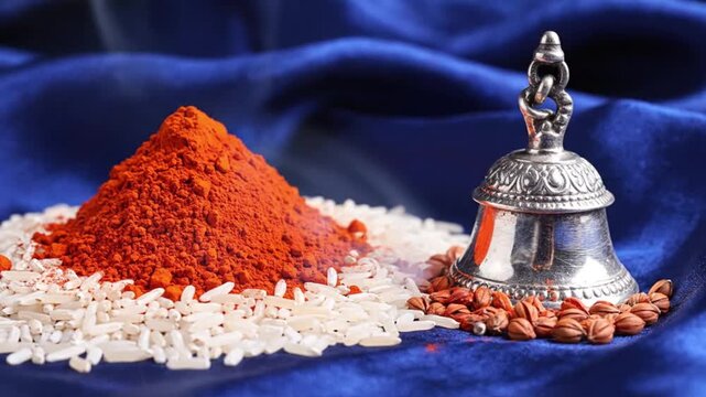 Masik Durgashtami, traditional ritual offerings including a heap of bright red kumkum powder, grains of rice (akshat), and a silver bell on a dark silk fabric texture