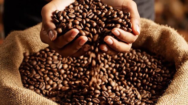 Close-up of hands holding coffee beans in burlap sack