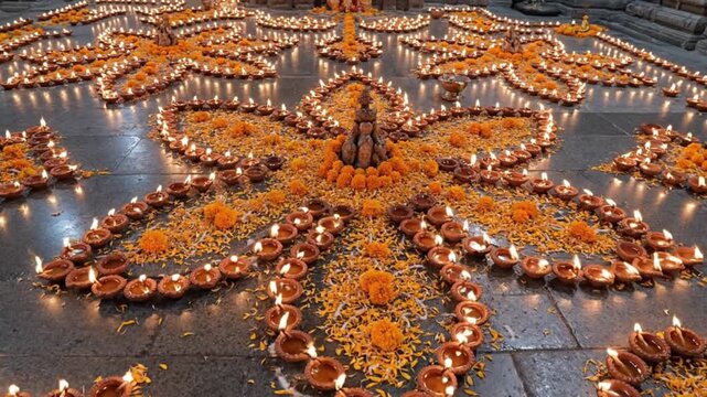 Masik Karthigai, A mesmerizing overhead shot of hundreds of lit oil lamps arranged in a geometric floral pattern on a stone temple floor