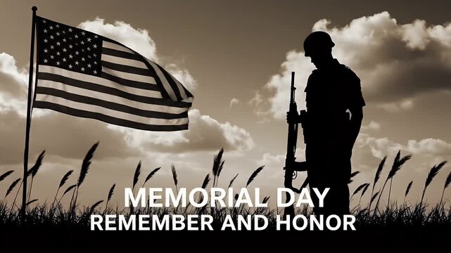 Soldier standing with American flag on memorial day remember and honor